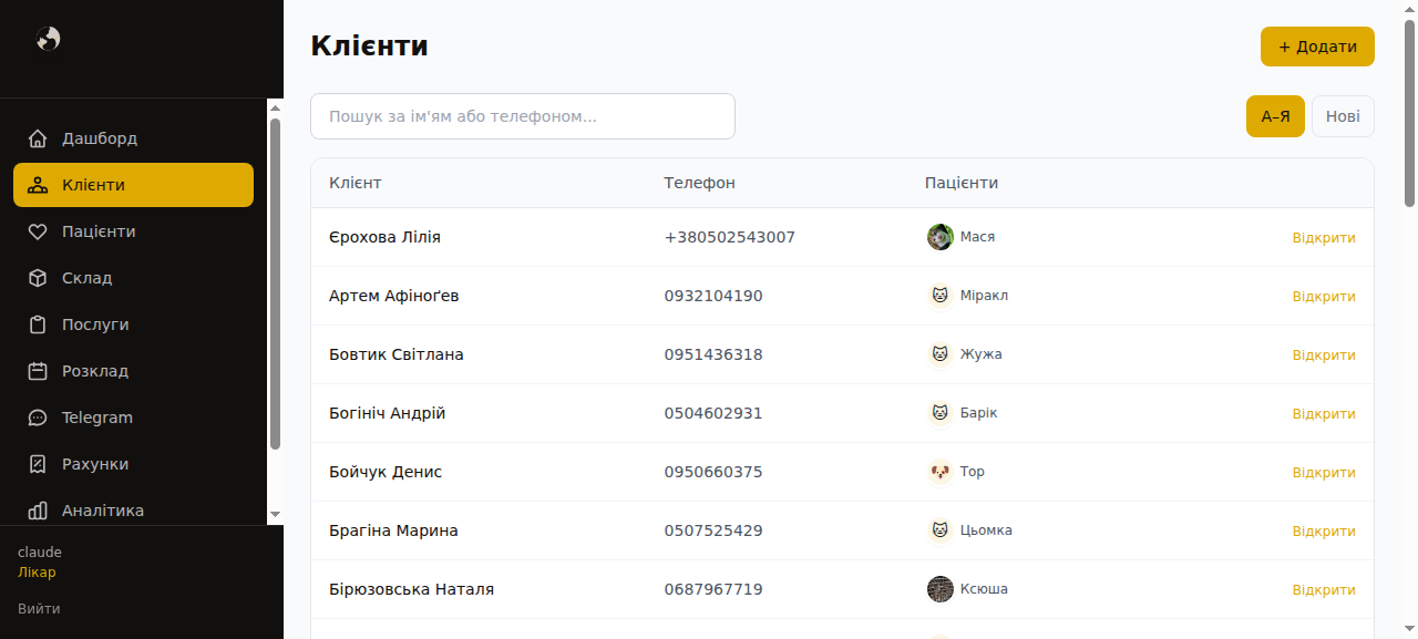 База клієнтів та тварин у ветеринарній CRM