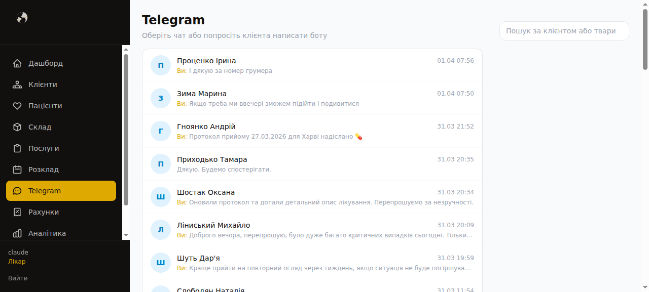 Telegram бот для ветеринарної клініки